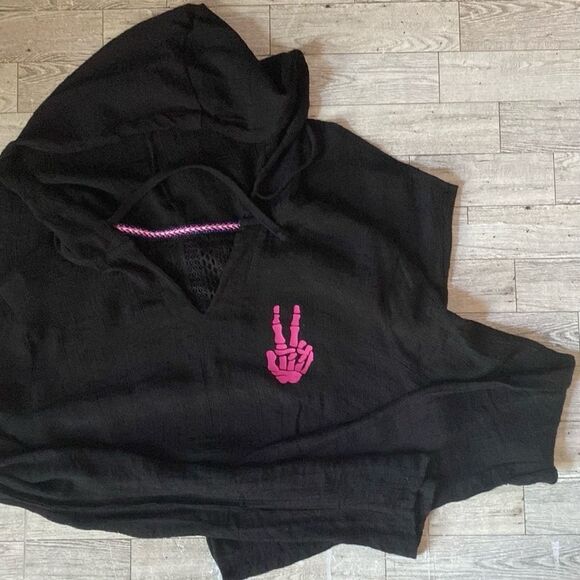 Retro, Peace Sign Skeleton, Upcycled, Hooded, Cover-Up Tunic - Picture 2 of 16
